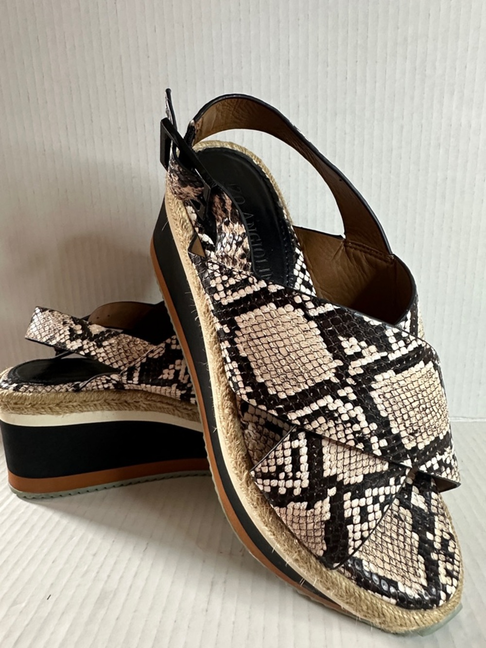 Enzo Angiolini Black & Cream Snake-Print Platform Slingback Wedges